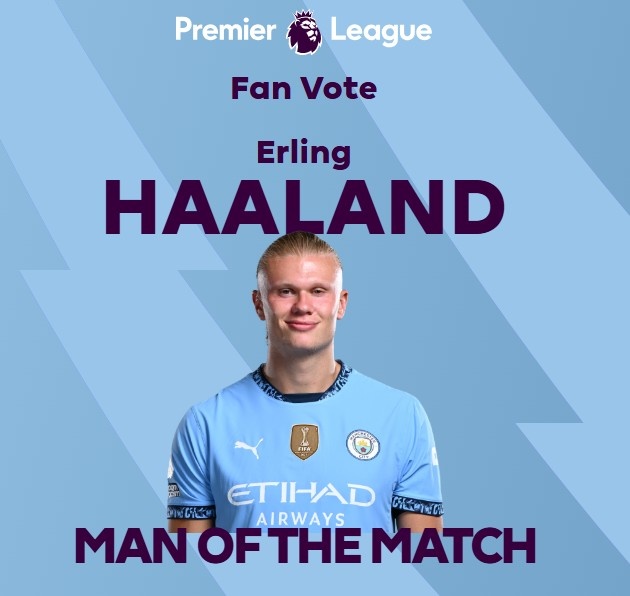打進致勝球！英超官方：哈蘭德當選曼城1-0熱刺全場最佳球員